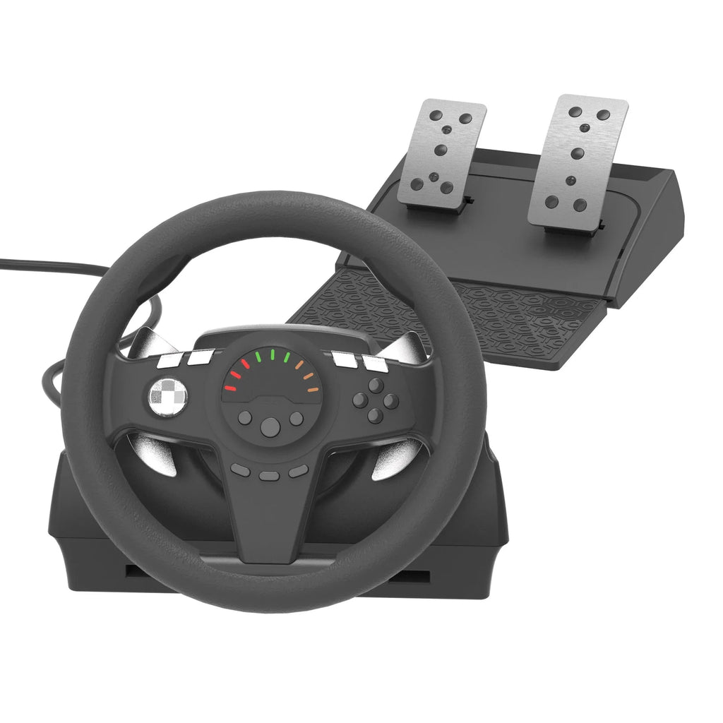 Black USB steering wheel with paddle shifters and LED display, plus two pedals, for multi-platform gaming.