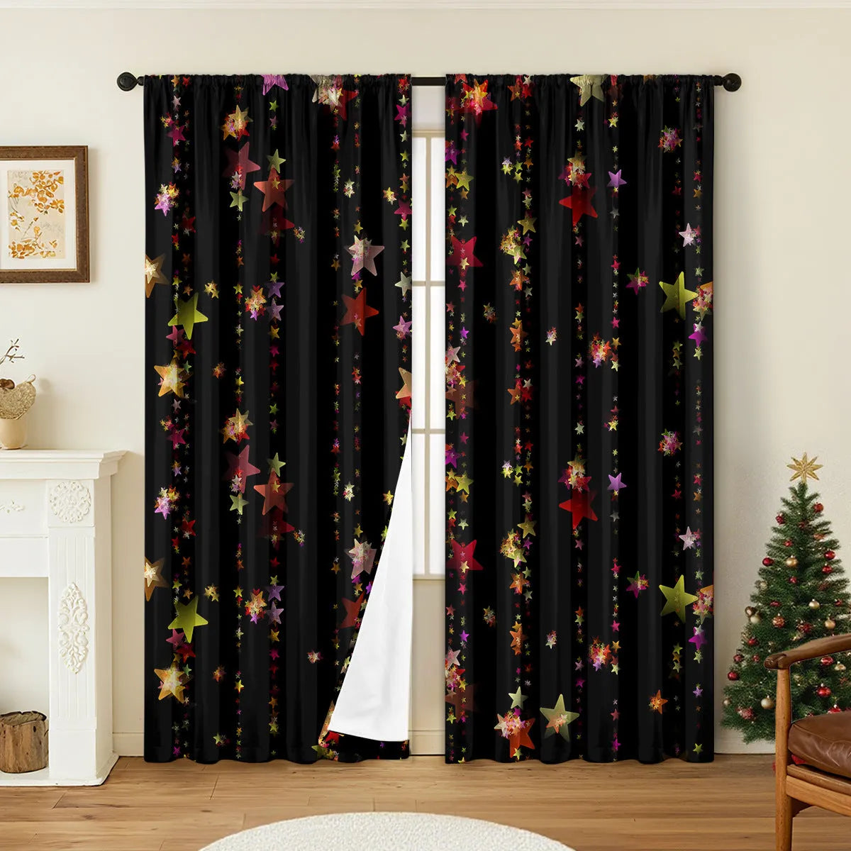 3D printed Christmas curtains with festive designs on polyester fabric, showing European-style patterns
