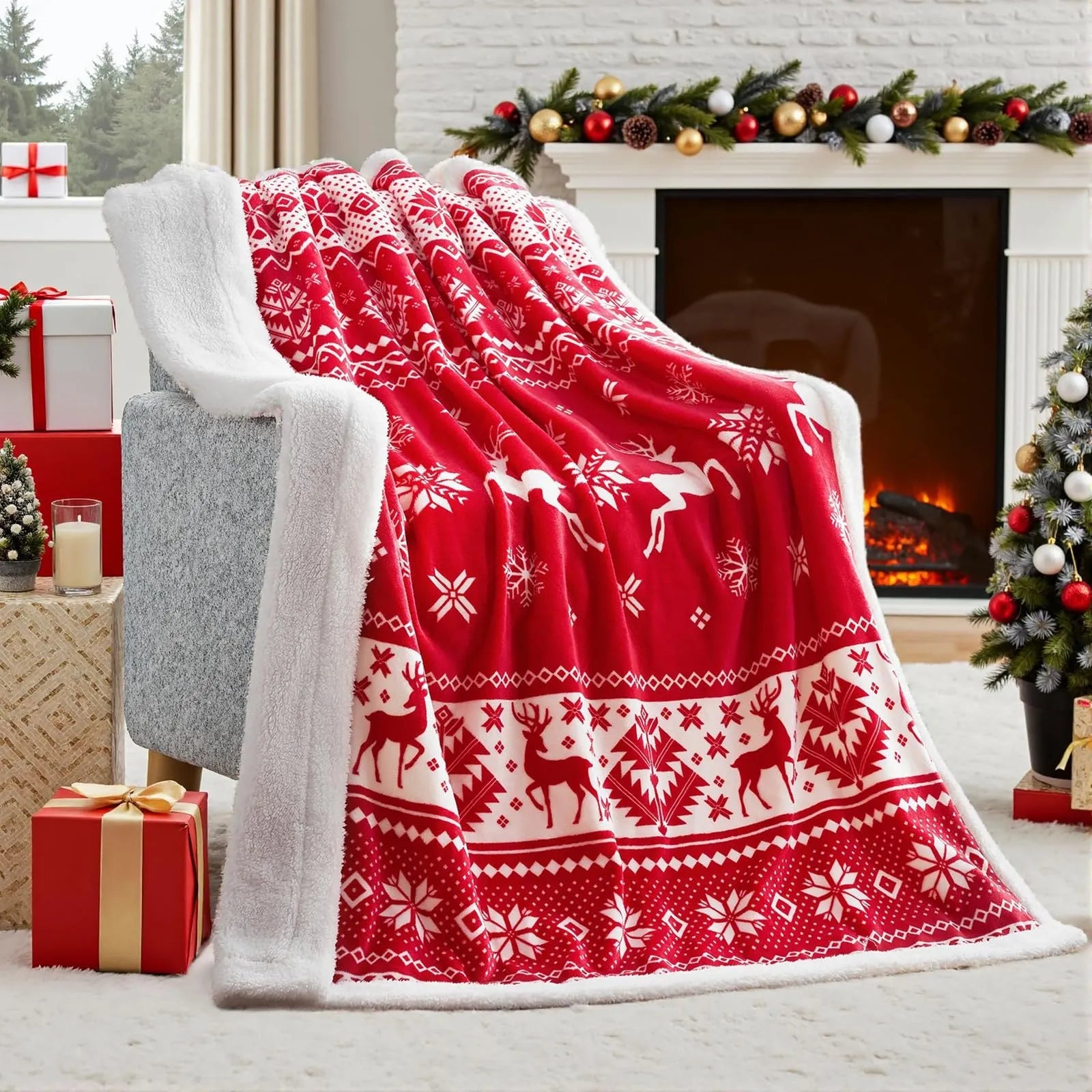 Polyester fibre Christmas blanket in American style with soft flannel texture showing size options