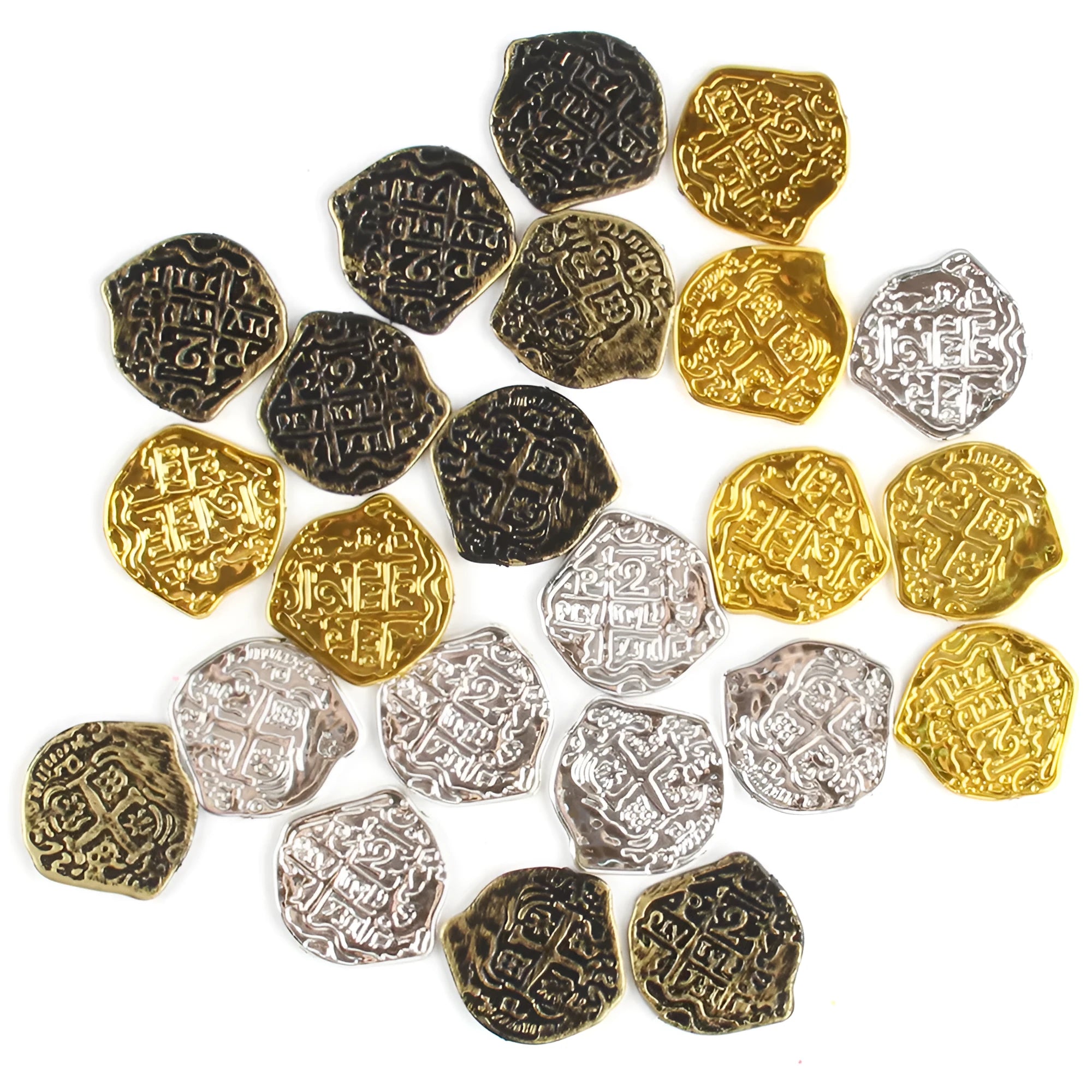 Close-up of detailed plastic Roman pirate coins in bronze, gold, and silver electroplated finishes.