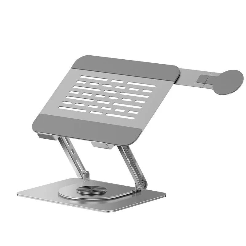 Silver carbon steel laptop stand with rotating base and side-mounted magnetic phone holder