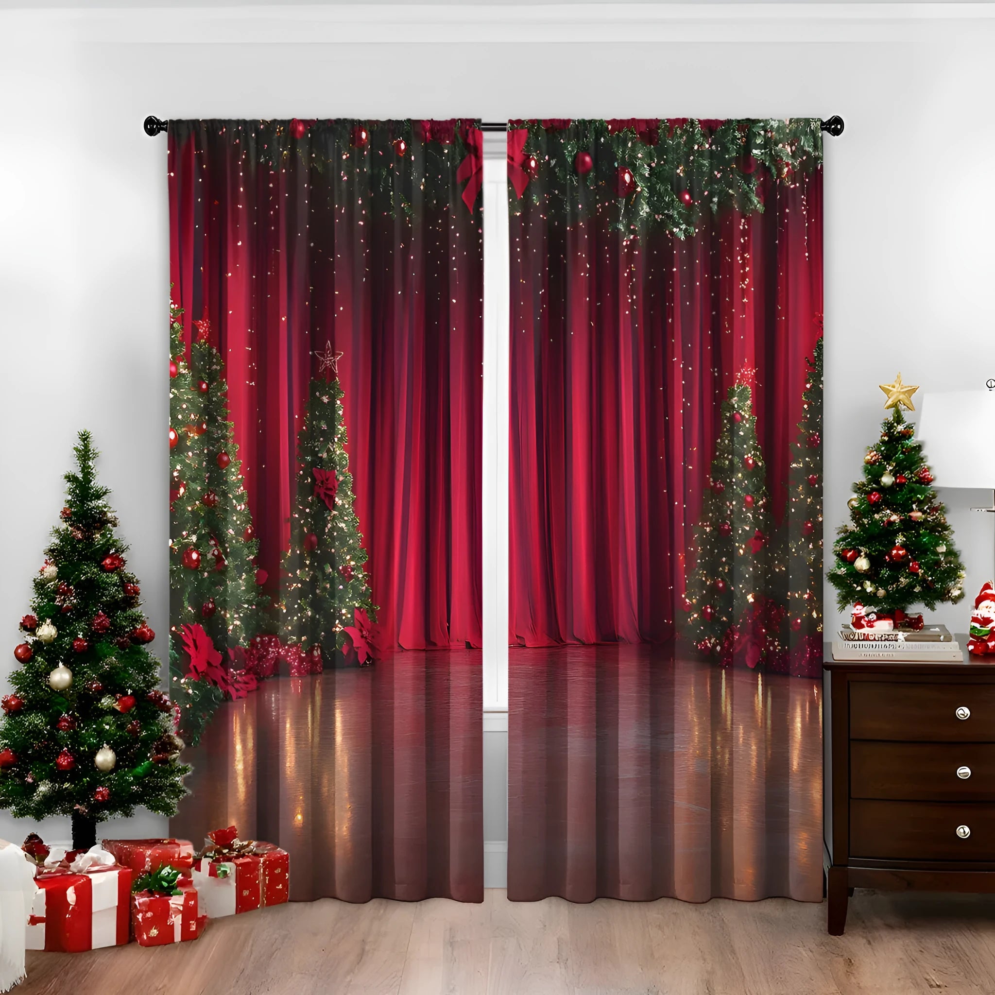 3D printed Christmas curtains with festive designs on polyester fabric, showing European-style patterns