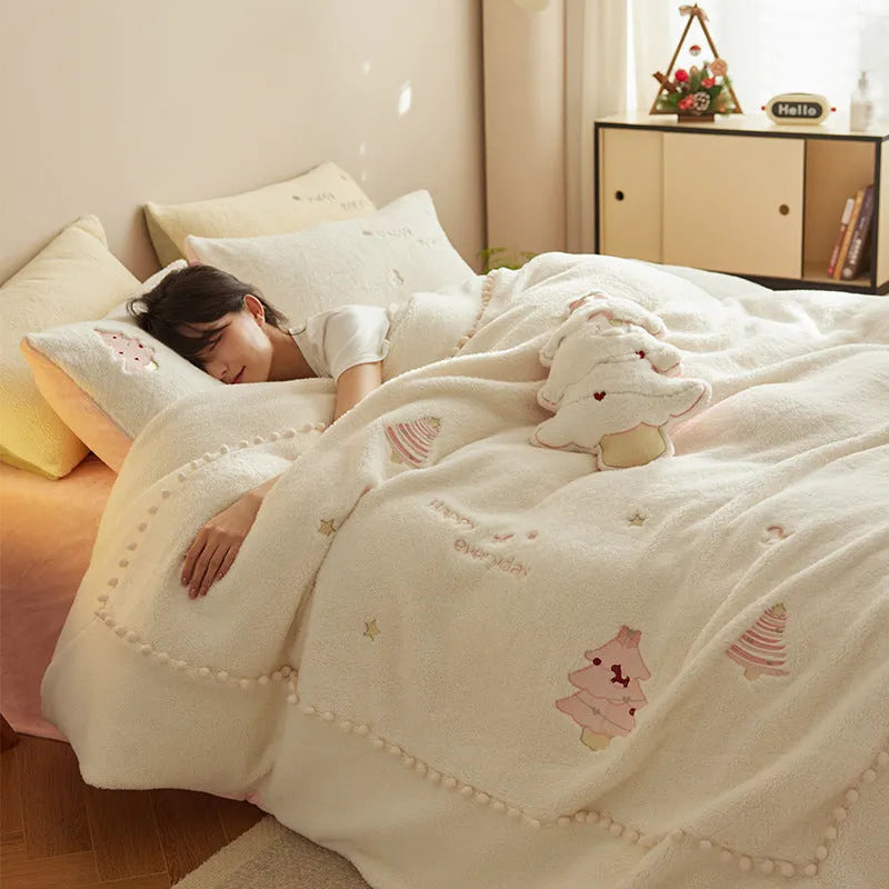 Winter milk fibre bedding set with Christmas tree pattern showing green and pink colour options