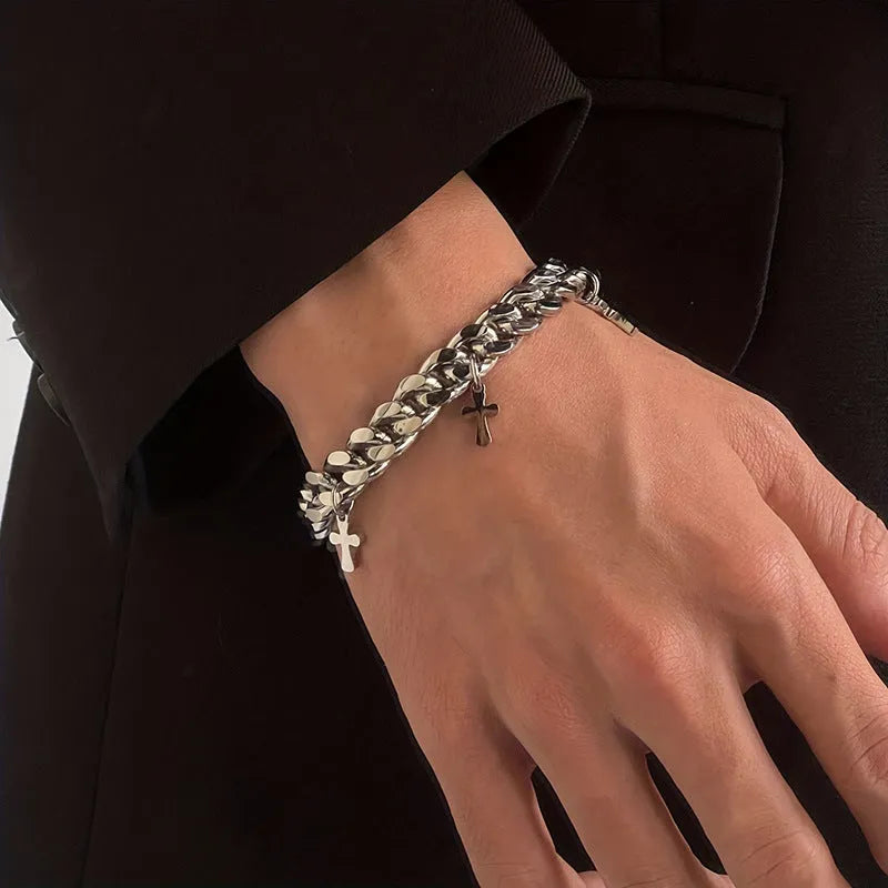 Men's titanium steel cross bracelet with geometric pendant in cold wind style