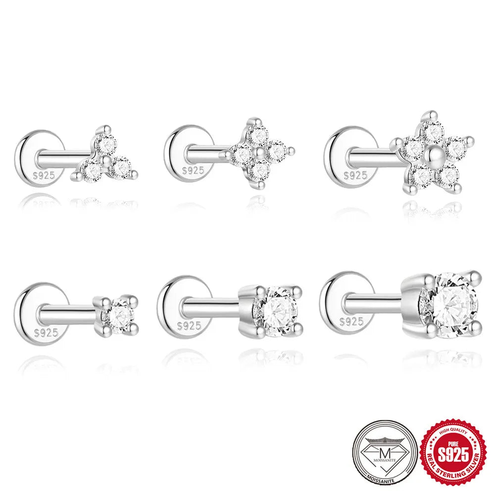 Platinum-plated sterling silver geometric petal stud earrings with ear clip fitting in multiple style options