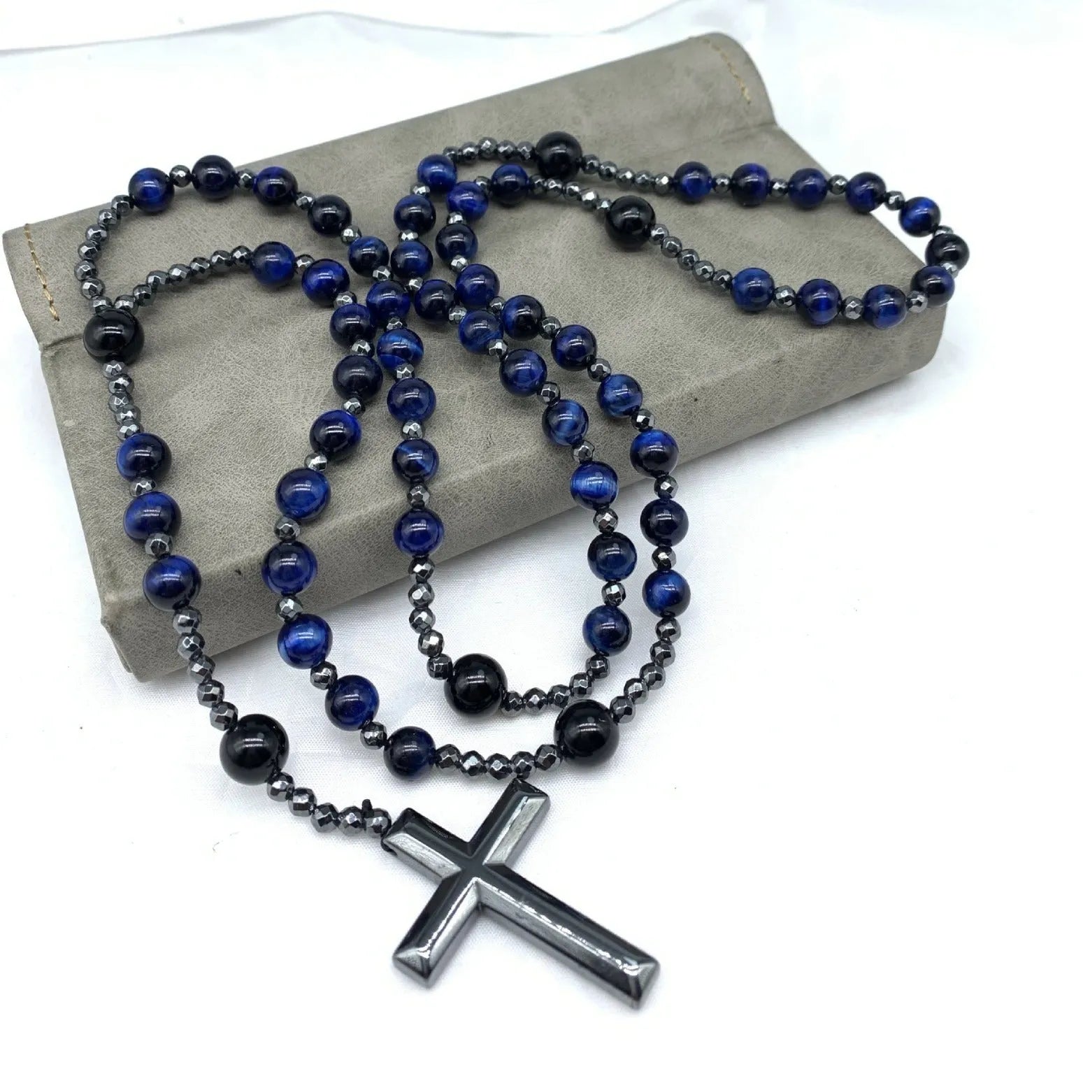 Men's stone cross necklace with hand-woven geometric pendant on ball bead chain with safety lock clasp