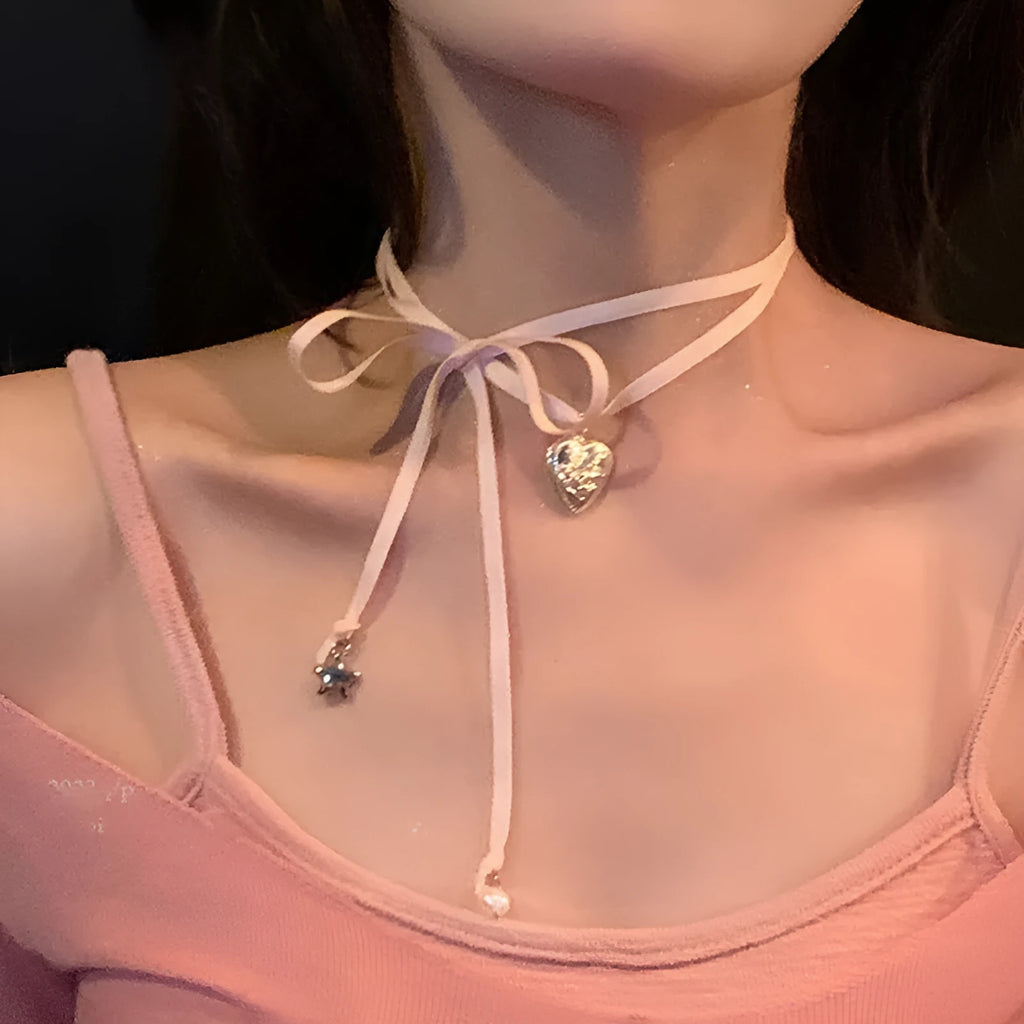 Women's alloy fashion necklace with love pendant and ribbon design in electroplated finish