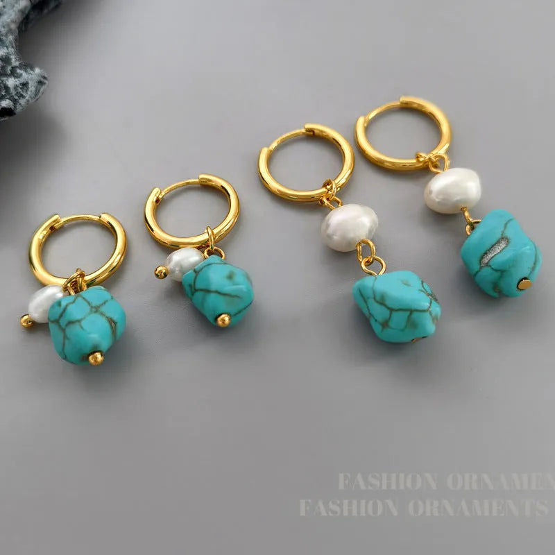 Irregular geometric turquoise and cultured pearl earrings with ear clip backings