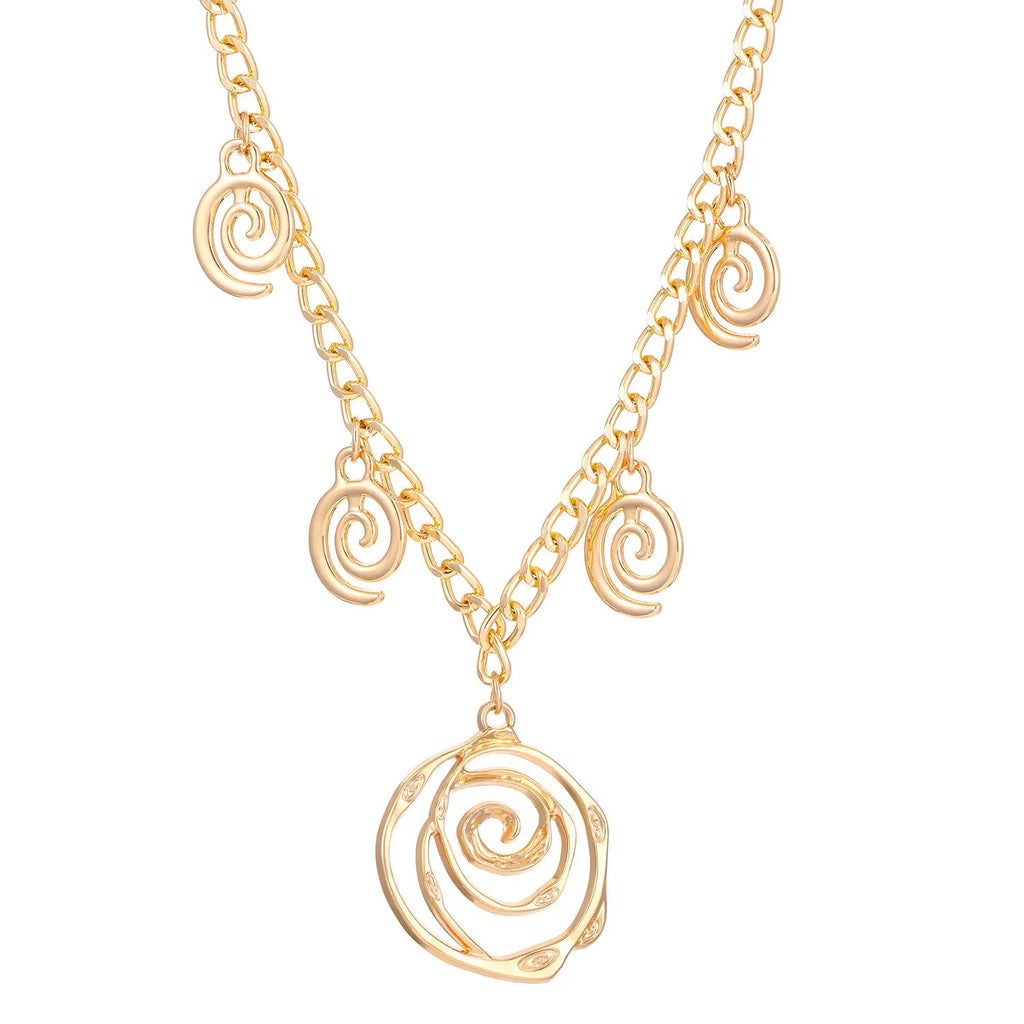 Women's spiral donut charm jewellery set with gold necklace, bracelet and earrings on white background