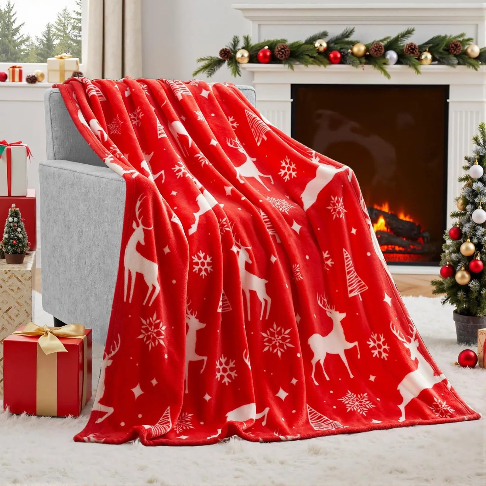 Polyester fibre Christmas blanket in American style with soft flannel texture showing size options