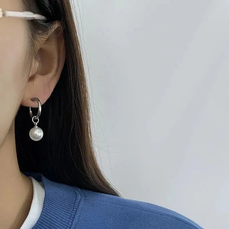 Alloy geometric pearl drop earrings with titanium steel posts, approximately 20-24mm length
