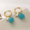 Irregular geometric turquoise and cultured pearl earrings with ear clip backings