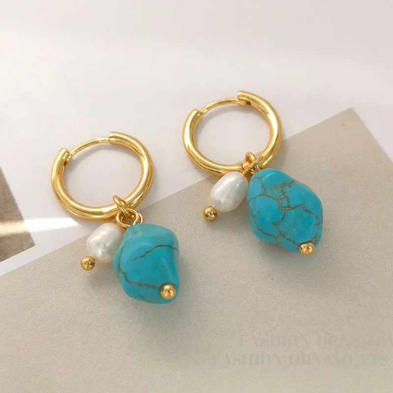 Irregular geometric turquoise and cultured pearl earrings with ear clip backings