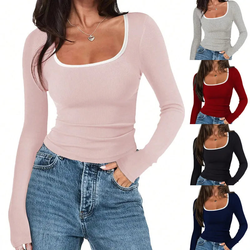 Women's square collar cotton pullover top in slim fit with long sleeves shown in multiple colour options