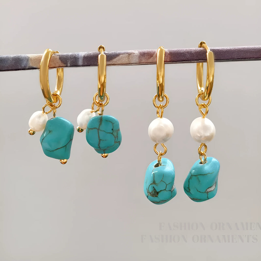 Irregular geometric turquoise and cultured pearl earrings with ear clip backings