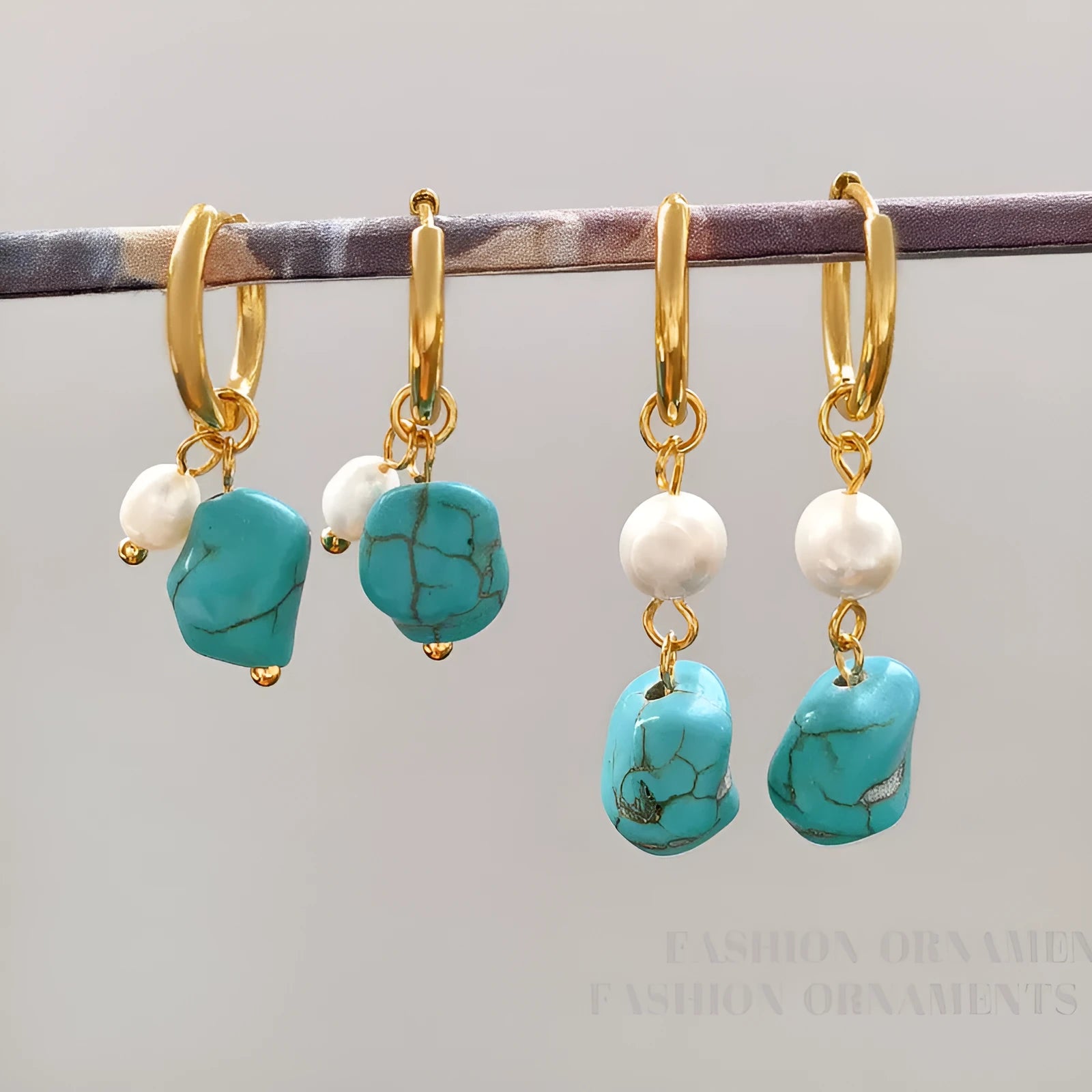 Irregular geometric turquoise and cultured pearl earrings with ear clip backings