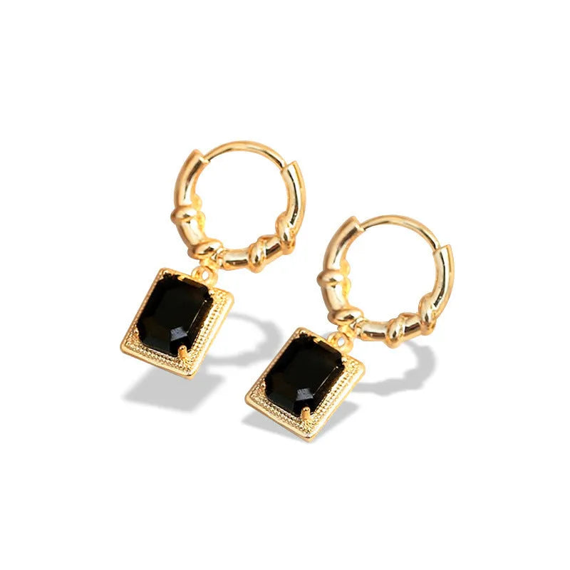 Geometric black zircon copper earrings with quadrilateral design and French court retro styling
