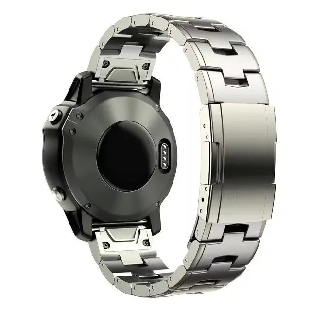Simple replacement watch strap for Garmin Jiaming and Fenix models in black, silver, and titanium colour.