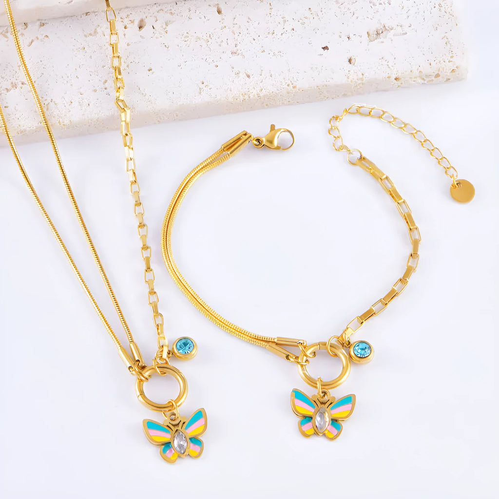 Gold epoxy butterfly necklace and bracelet set with titanium steel snake bone chain