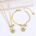 Gold epoxy butterfly necklace and bracelet set with titanium steel snake bone chain