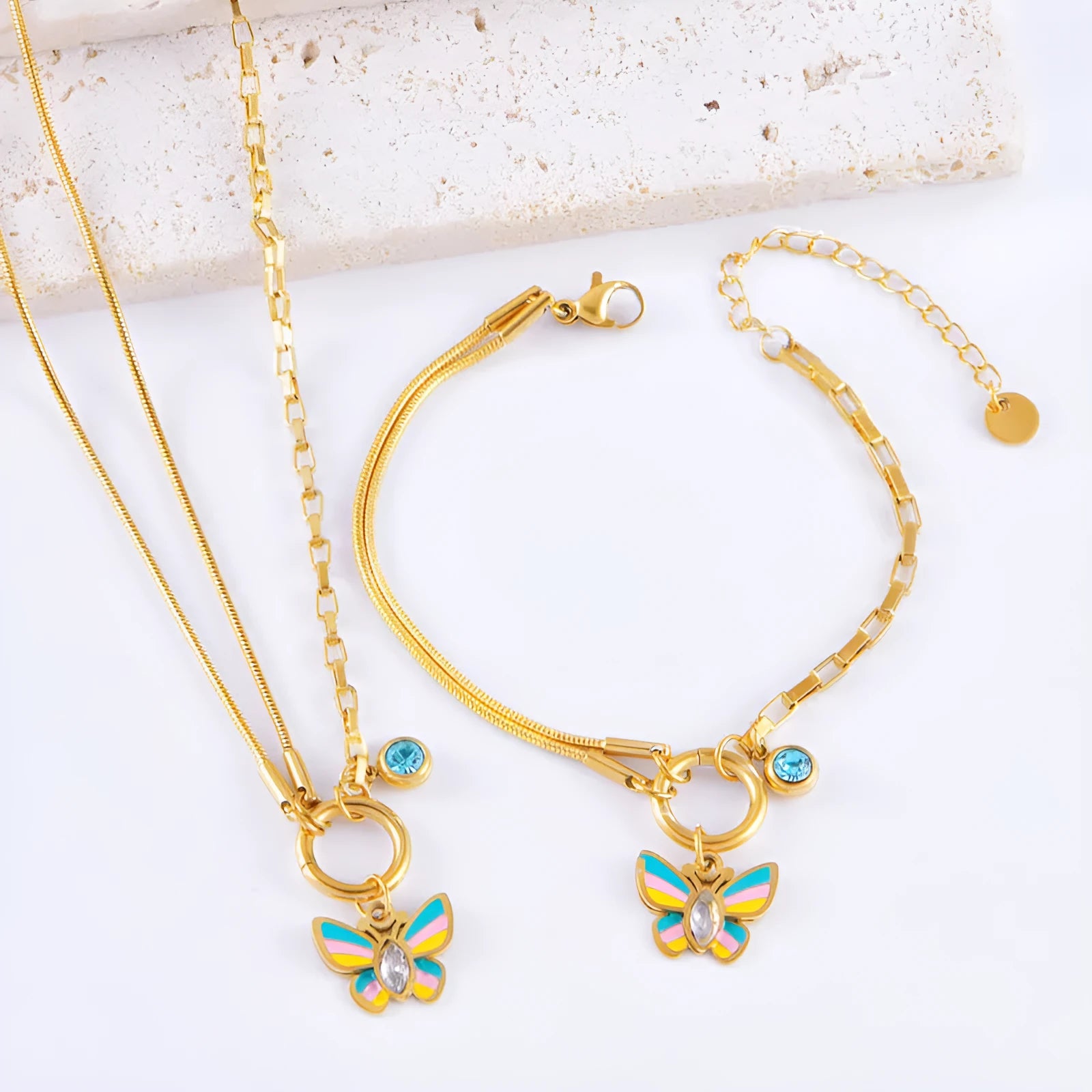 Gold epoxy butterfly necklace and bracelet set with titanium steel snake bone chain