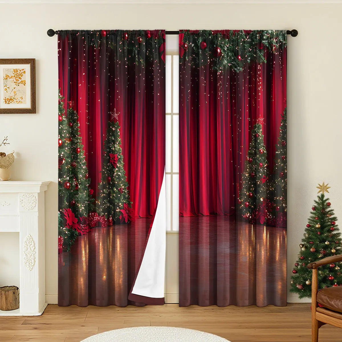 3D printed Christmas curtains with festive designs on polyester fabric, showing European-style patterns