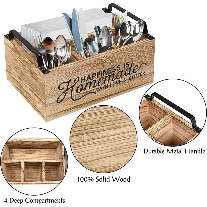 Wooden kitchen storage box with grid divider for organising cutlery and utensils