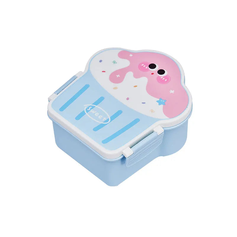 Pink and blue creative ice cream shaped plastic lunch box with bento compartment, spoon, and fork.