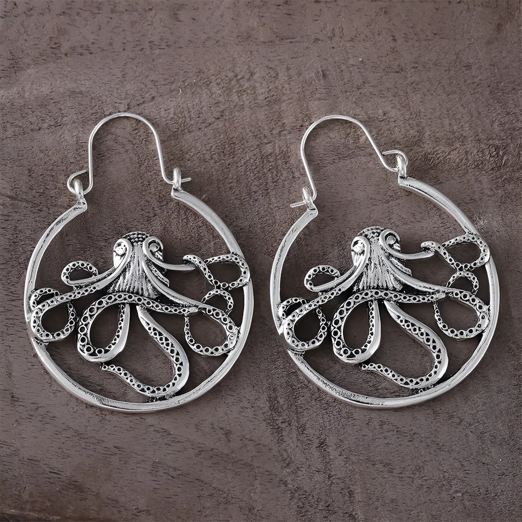 Antique silver octopus earrings with retro animal design and zinc alloy construction