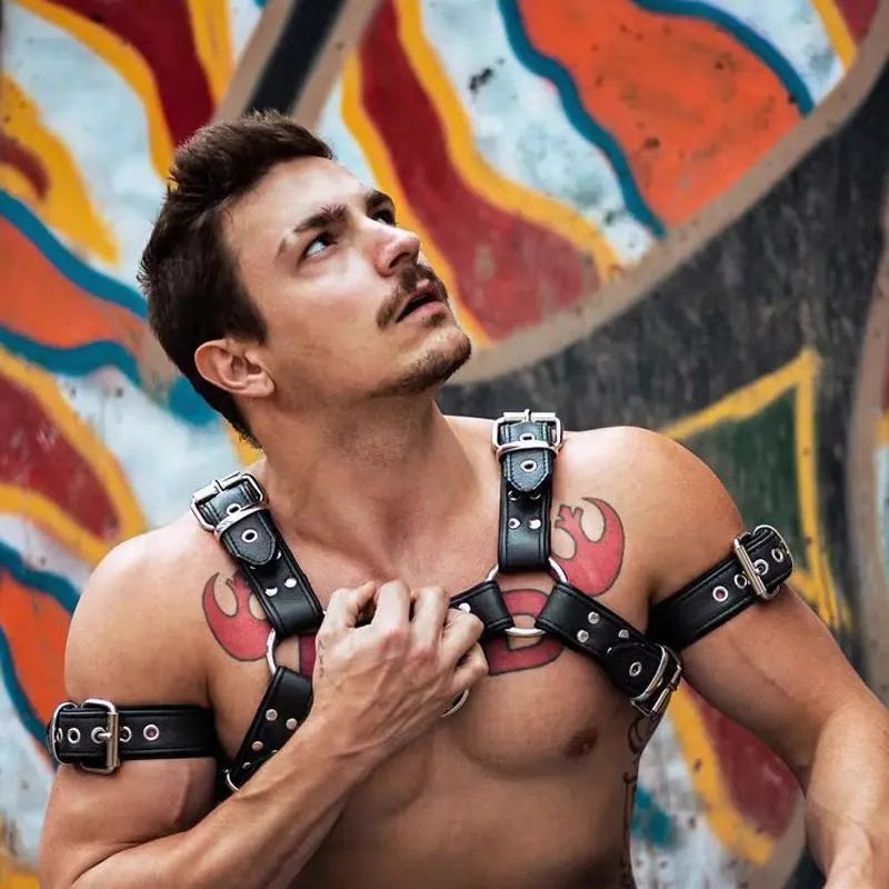 Black leather chest harness strap with metal buckle for men