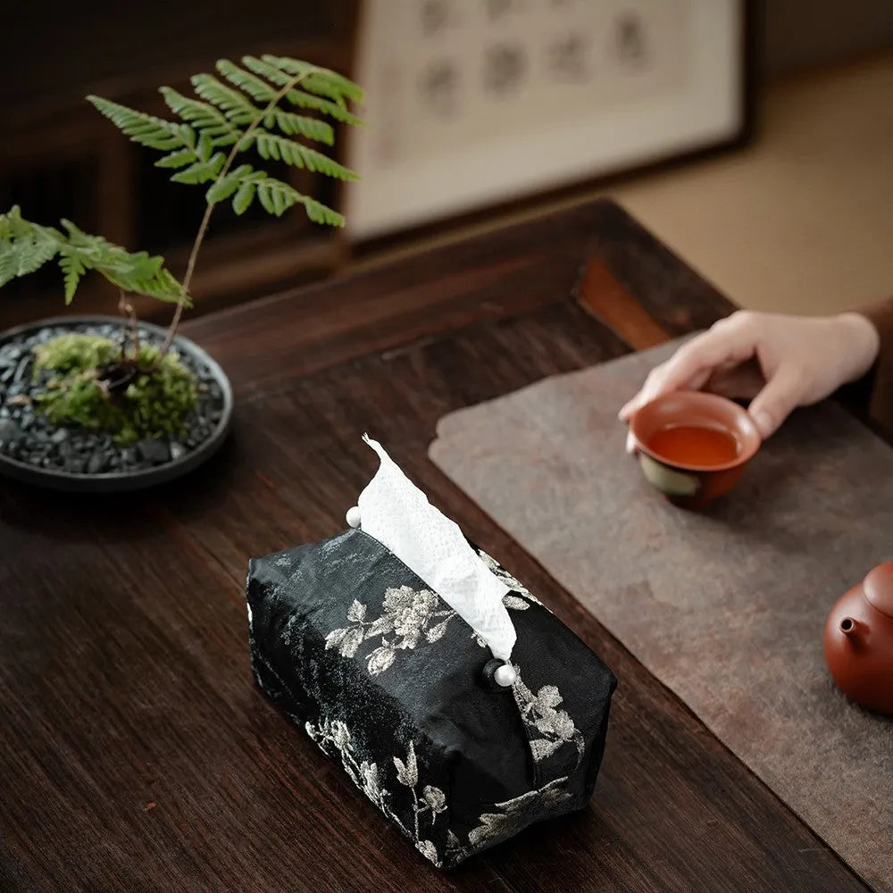 New Chinese style brocade tissue box cover with white plum embroidery, shown with and without a pearl buckle