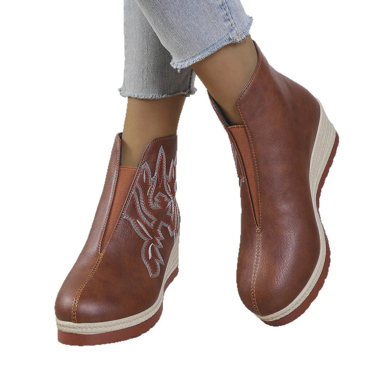 Embroidered thick version retro ankle boots for women in solid colour, artificial PU upper, rubber sole, available in black and brown.