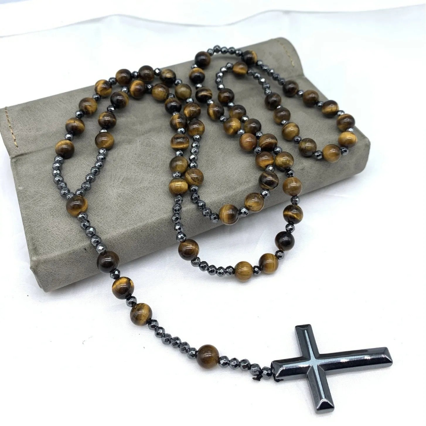 Men's stone cross necklace with hand-woven geometric pendant on ball bead chain with safety lock clasp