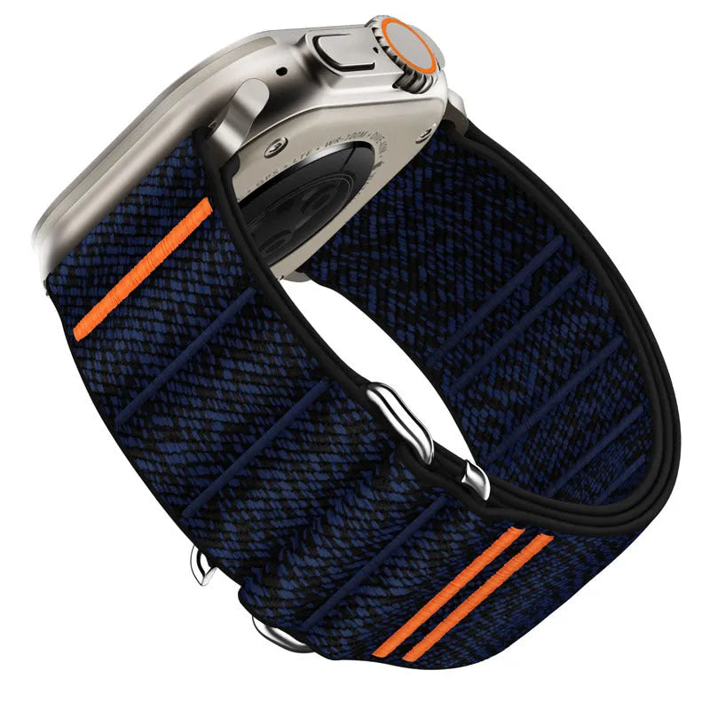 Elastic nylon sports watchband with stainless steel buckle for Apple Watch, shown in Army Green colour.