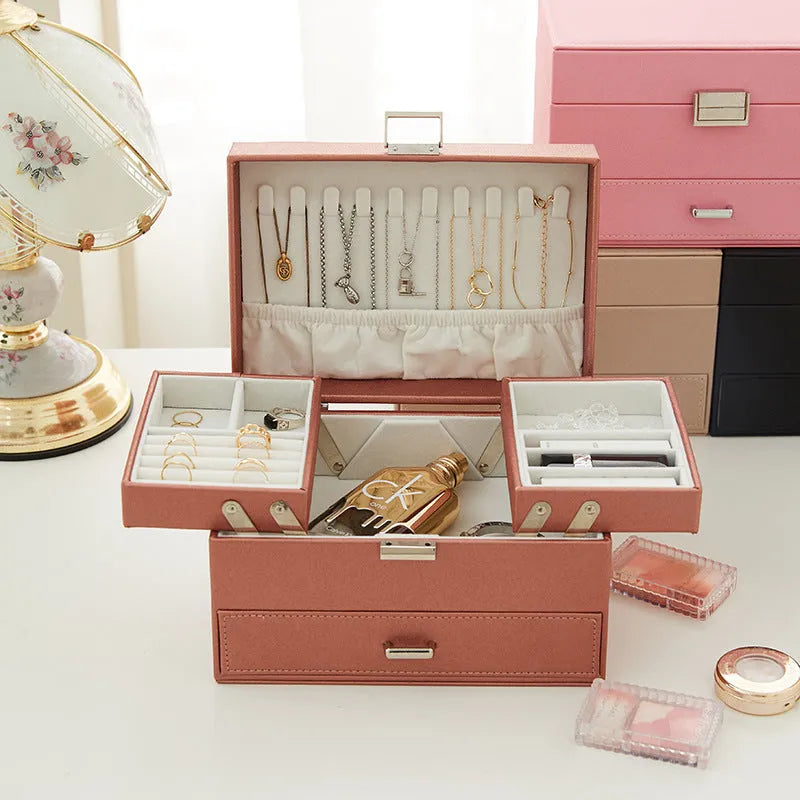 Hard PU leather jewellery storage box in beige, black, pink, or rose gold, dimensions 22.5cm by 15.5cm by 14cm