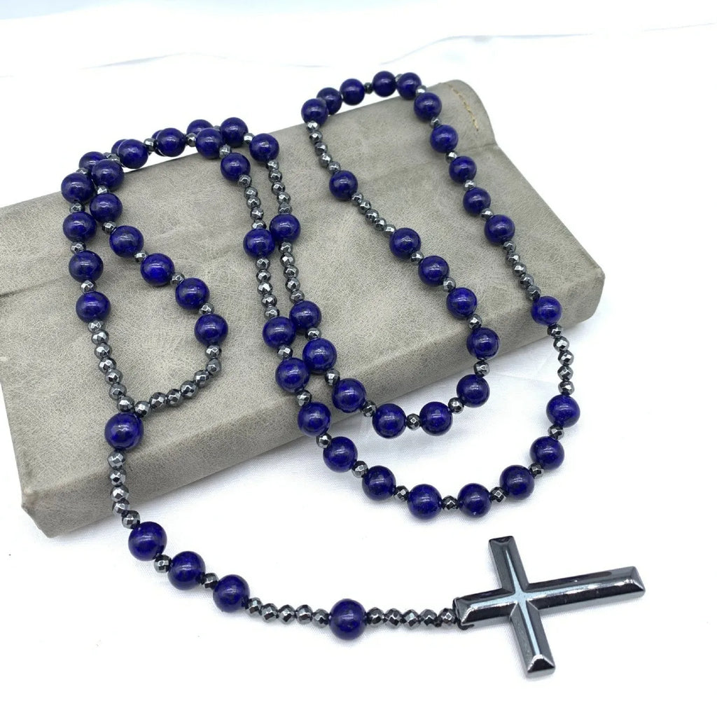 Men's stone cross necklace with hand-woven geometric pendant on ball bead chain with safety lock clasp