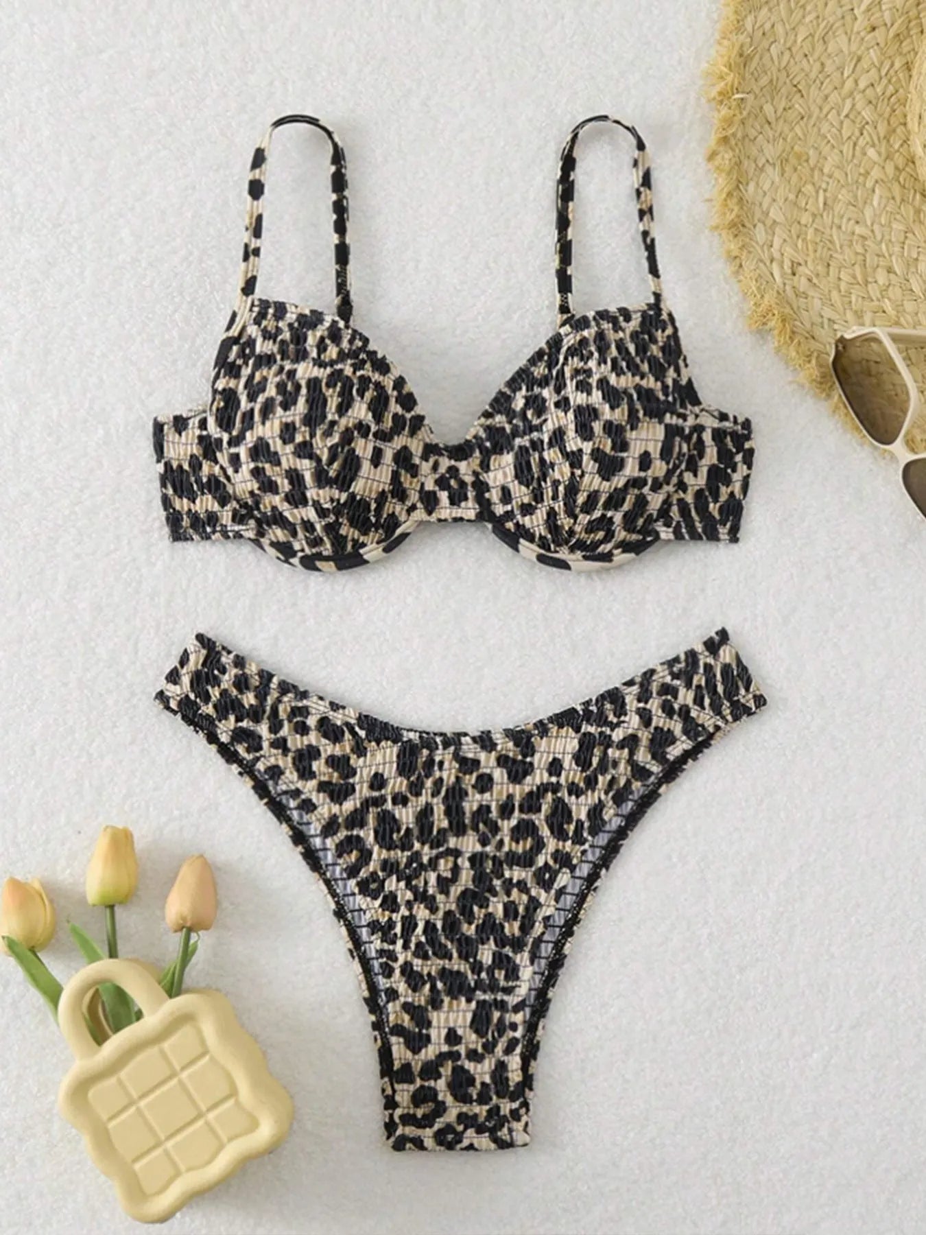 Women's leopard print backless bikini swimsuit in brown and red colour options
