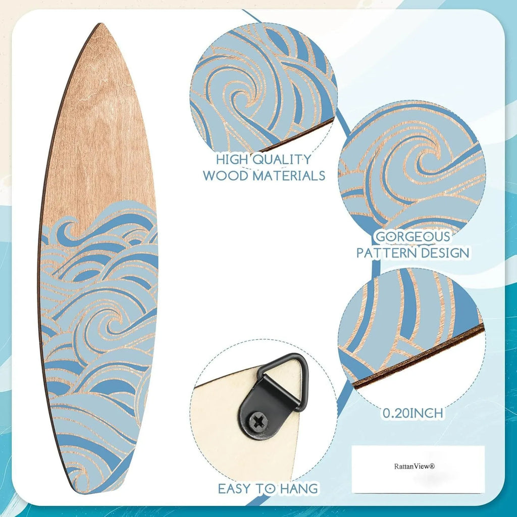 Three wooden surfboard wall decorations in European style design made from boxwood