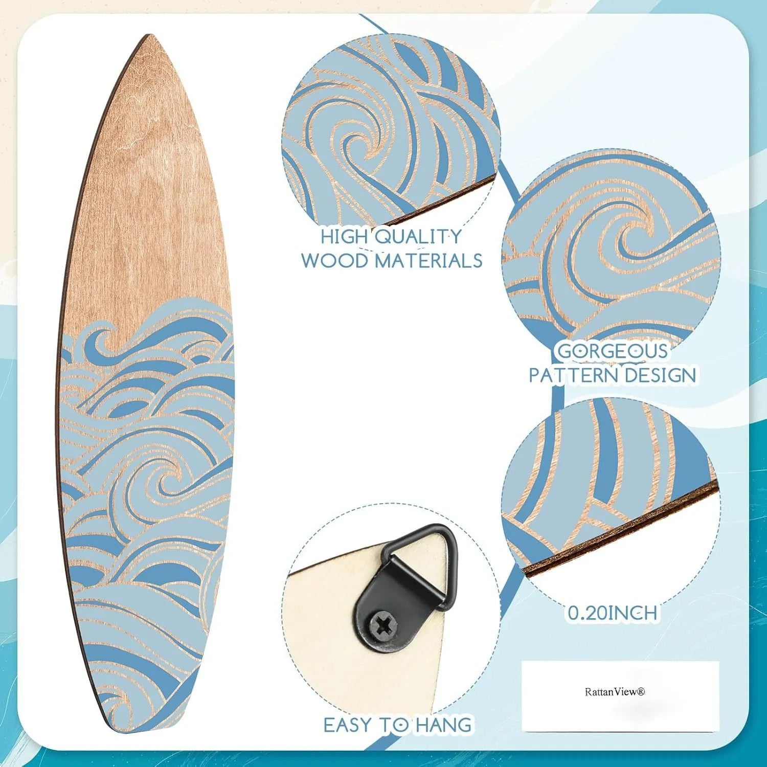 Three wooden surfboard wall decorations in European style design made from boxwood