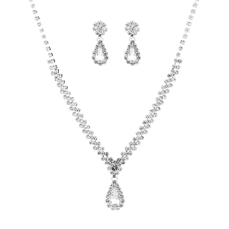 Rhinestone claw chain necklace and matching water drop earrings set in selected colour