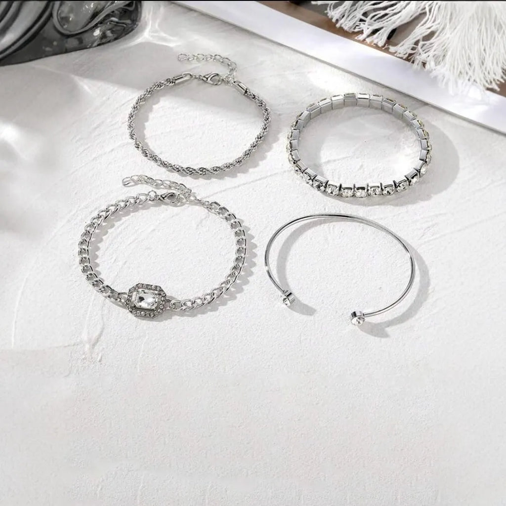 Women's four-piece retro geometric bracelet set in gold or silver alloy with square diamond design