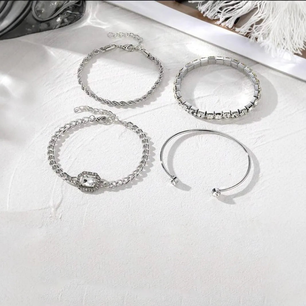 Women's four-piece retro geometric bracelet set in gold or silver alloy with square diamond design