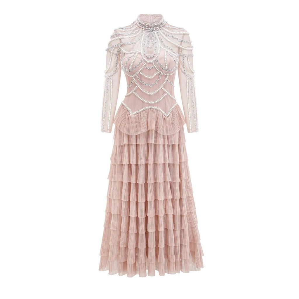 Women's long sleeve beaded evening dress in black or pink with three-dimensional decoration