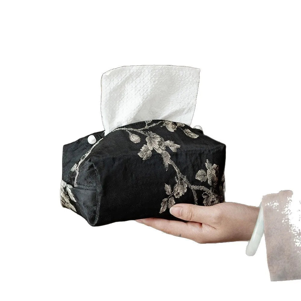 New Chinese style brocade tissue box cover with white plum embroidery, shown with and without a pearl buckle