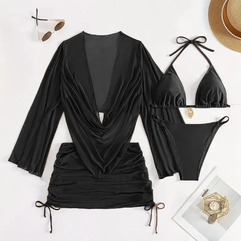 Dark brown women's lace-up backless bikini swimsuit set on a mannequin.