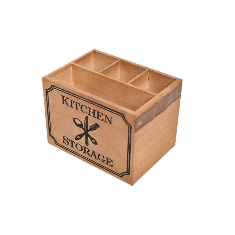 Open-top wooden kitchen storage box with internal grid divider for knives, forks, and chopsticks.