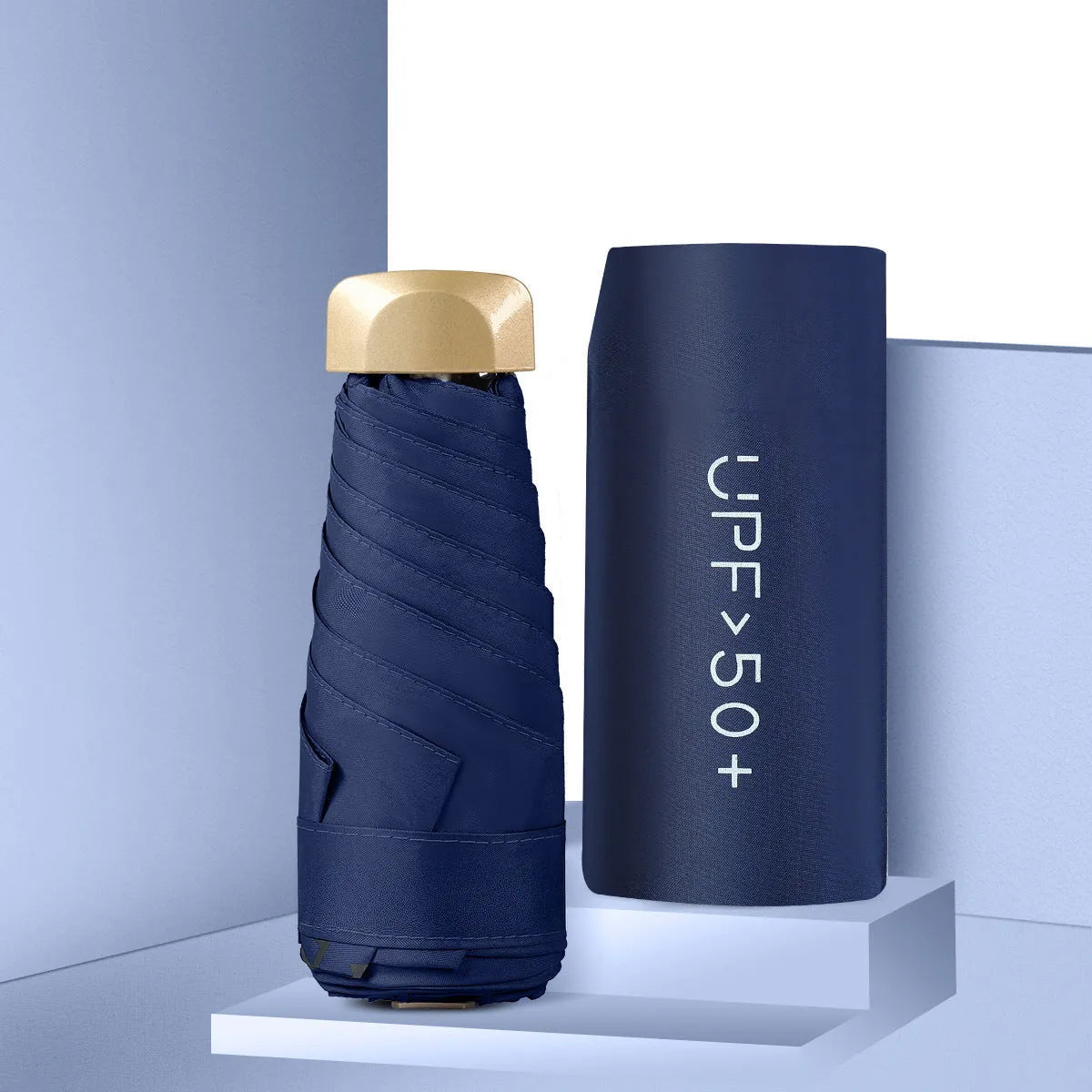 50 Off flat mini pocket sun umbrella folded compactly showing five-fold design and NC fabric canopy
