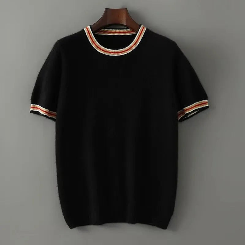 Men's grey pure wool short sleeve round neck pullover sweater laid flat.