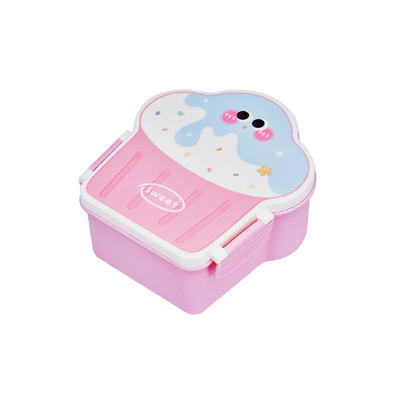 Pink and blue creative ice cream shaped plastic lunch box with bento compartment, spoon, and fork.