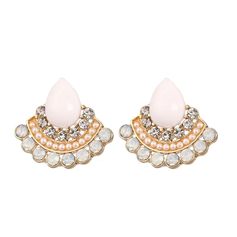 Women's retro fan-shaped earrings with opal and rhinestone details on electroplated silver alloy